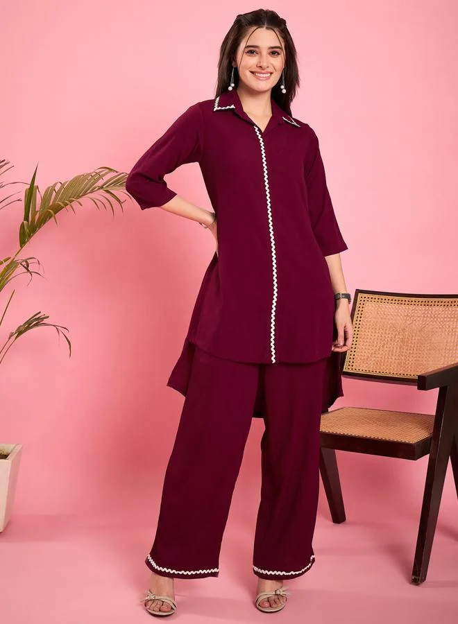 WineRed طقم تونيك بتفاصيل دانتيل مع بنطال